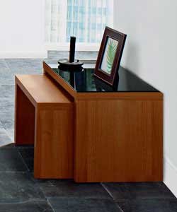 Size of largest table (L)59.5, (W)38.9, (H)43.2cm. Walnut finish with black glass top.Self assembly 