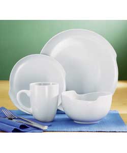 6 place settings.Set contains 6 dinner plates, 6 side plates, 6 bowls and 6 mugs.Dinner plate