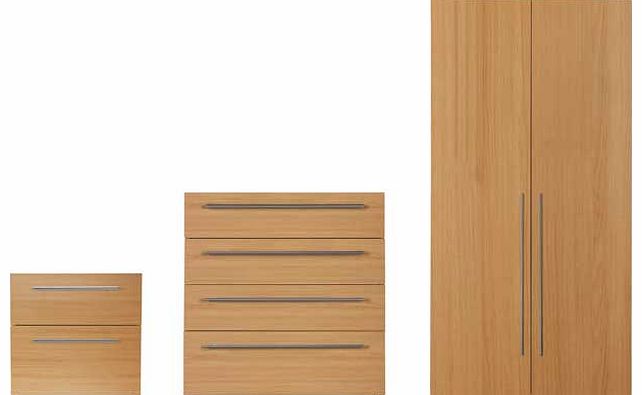Both minimalist and modern. the Atlas range is finished beautifully with a feature long and slim brushed metal handle. This oak effect furniture package consists of a bedside cabinet. four drawer chest and a two door wardrobe which is both deeper and
