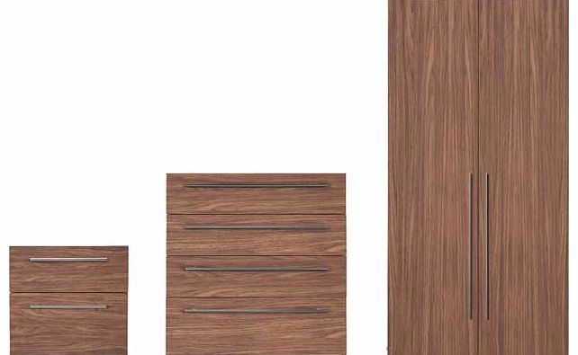 Both minimalist and modern. the Atlas range is finished beautifully with a feature long and slim brushed metal handle. This walnut effect furniture package consists of a bedside cabinet. four drawer chest and a two door wardrobe which is both deeper 