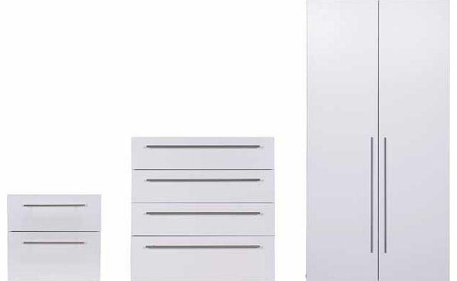 Both minimalist and modern. the Atlas range is finished beautifully with a feature long and slim brushed metal handle. This white furniture package consists of a bedside cabinet. four drawer chest and a two door wardrobe which is both deeper and tall
