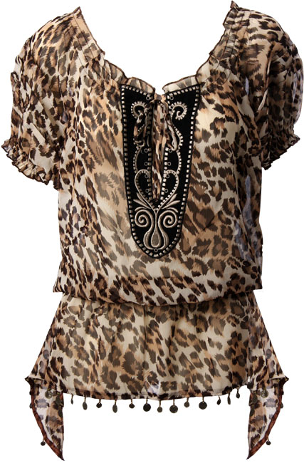 Animal print chiffon tunic with velvet embroidered yoke and sash with coin detail 100 Polyester