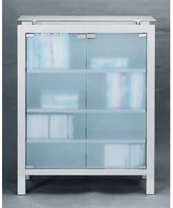 Size (H)90, (W)70, (D)25cm.Silver finish, chrome and frosted glass.  2 glass doors.  3 adjustable in