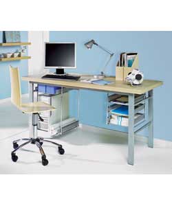 Metal frame with 3 storage shelves and oak coloured wooden top.Suitable for keyboard, printer,