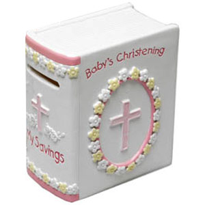 The Baby Christening Book Money Box Pink is made from resin with a white shiny finish.  The money bo