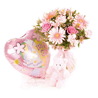 A gift collection for a Baby Girl a stunning pink handtied bouquet with pink 24cm teddy bear and a B