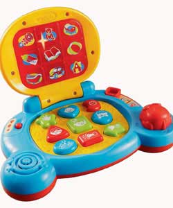 9 chunky push buttons and light-up screen teach objects, sounds and shapes through 3 modes of play. 