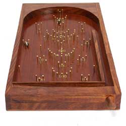 This skillful traditional Bagatelle game is played on a wooden board with a trigger mechanism to