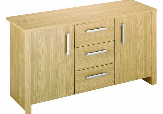 Part of the Bailey collection. this stylish oak effect sideboard will be the perfect accompaniment to any living space. It features two side cupboards and three easy-glide drawers. all finished in a grain effect and chunky. modern handles. Part of th
