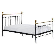 This 4` 6` black metal double bedstead has metal framed sprung slats and vertical rails for