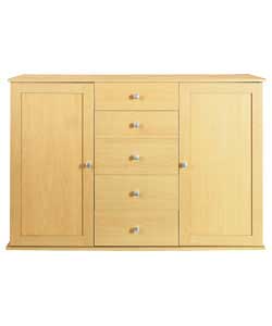 Beech effect sideboard. 2 adjustable internal shelves. 5 drawers with metal runners.Silver effect