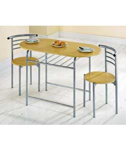 Silver metal frame with beech effect table top and seats.Supplied with two chairs.Washable table