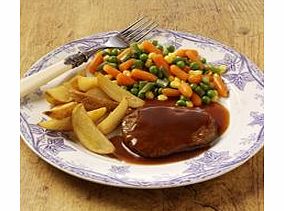 A perfectly-seasoned beef grill steak with tangy barbecue sauce. Served with potato wedges and a colourful mix of peas, carrots, green beans and sweetcorn.