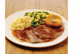 Two slices of steam roasted beef and a Yorkshire pudding in a rich gravy. Served with mashed potato, peas and swede.