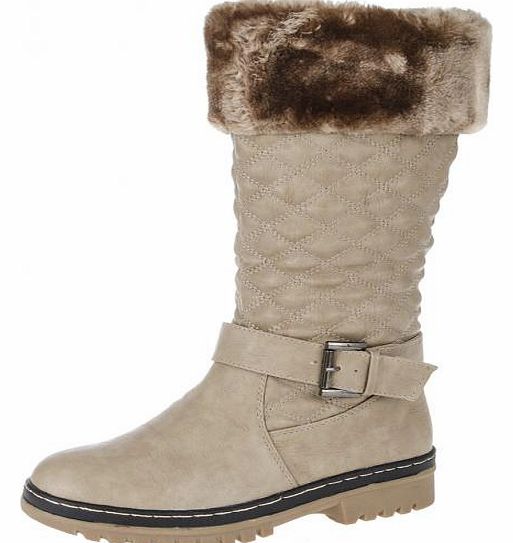Beige Quilted Faux Fur Boots A fail safe winter staple. These quilted faux fur boots come with a quilted style leather look material and an added comfort and snug factor with a faux fur lining and cuff. Wear with your favourite skinny jeans and beani