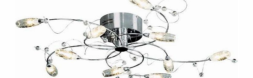 Make a style statement with the Belize ceiling light with decorative silver swirls entwined around attractive bud-shaped glass shades. Metal and glass. Drop 13.3cm. Diameter 65cm. Suitable for use with low energy bulbs. Bulbs required 10 x 10W G4 hal
