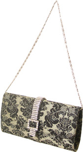 Bemma, textile clutch bag with flap over closure and diamante detail.