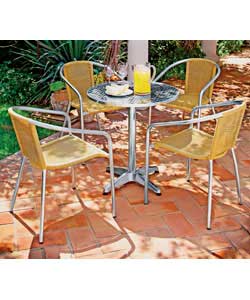 4 rattan style and aluminium frame chairs.Weight: table 12kg, chair 2.2kg.Table size (H)70, (D)70cm.