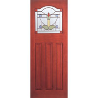 Stained hardwood external mortise/tenon door with leaded design glass, Avoid storing next to any