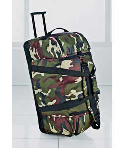 Colour camouflage. Polyester. Horse shoe zipper for easy access into trolley bag. Convenient front p