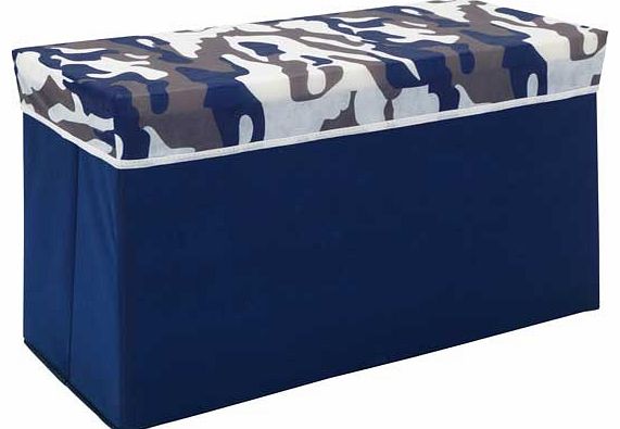 An easy way to keep the floor free from clutter. this lightweight upholstered storage box has bold blue sidewalls and a funky camouflage lid. Part of the Camouflage collection Folds flat. Size H32. W60. D30cm. Weight 1.78kg. Minimal assembly. EAN: 16