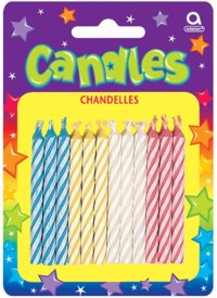 Regular candy stripe cake candles in blue, pink, white and yellow. Handy to have in your kitchen if 
