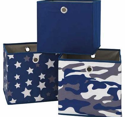 These handy canvas storage cubes are simple. lightweight storage solutions that can be packed flat when not in use. Each box has a different funky pattern in this set of three - one jungle camouflage. one star patterned. and one plain blue. Folds fla