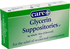 Suppository containing: Glycerol 2.8g. Relief of o