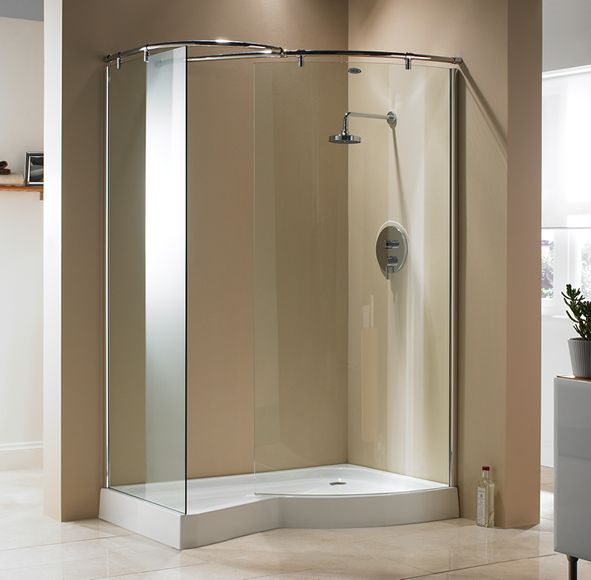 Walk in shower made from 6mm toughened glass.  Includes acrylic tray with metal support structure