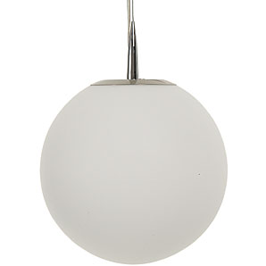 A round frosted glass shade with steel pendant. Minimum drop 55cm
