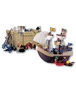 Castle and pirate ship playset with pirates, knights, cannons, shooting stones, flags, prison,