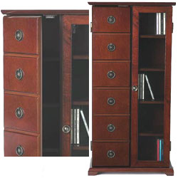 Store your CDs on the shelves of this veneered CD cabinet with brass handles and a single glass