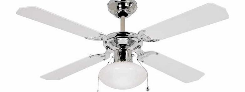 This ceiling fan light is finished in a modern white and chrome. Perfect for keeping you cool in the summer and lighting up your home in the winter. Drop 48cm. Diameter 107cm. Suitable for use with low energy bulbs. Requires wiring. Bulbs required 1 
