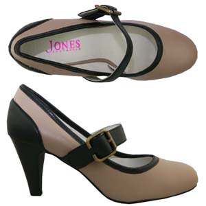 A distinct and fashionable Court shoe from Jones Bootmaker. Features large strap and buckle, almond 