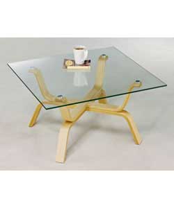 Size (L)80, (W)80, (H)40.5cm.Natural coloured bentwood frame and clear glass top.Self assembly: 2 pe