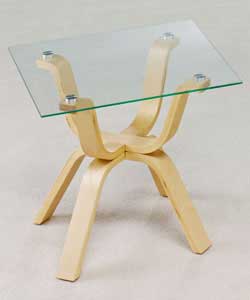 Size (L)50, (W)50, (H)45.5cm.Natural coloured bentwood and clear glass.Self assembly: 1 person requi