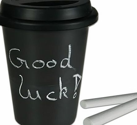 Chalk Board Mug The awesome Chalk Board Mug has no handle! This ceramic mug comes with a silicone lid and chalks for writing on it. It measures around 14.5 cm x 10 cm x 10 cm with the lid. This makes a superb Secret Santa gift or Birthday gift for me