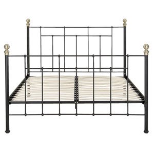 Black powder coated tubular metal frame with bold brass finials. With sprung slats for comfortable