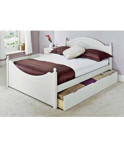 Attractive and sturdy white-washed pine storage bed. 2 full-length drawers on castors. Includes
