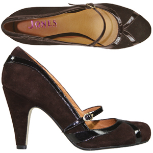 A Suede and Patent Mary-Jane shoe from Jones Bootmaker. With combination finish, adjustable buckle a