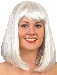 Ideal for Christmas.  This white Cheerleader wig includes strands of tinsel to make it sparkle in th