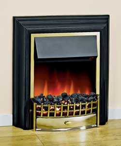 Black frame with brass-effect trim and cast-metal brass-effect grate.Coal fuel bed with real coals.P