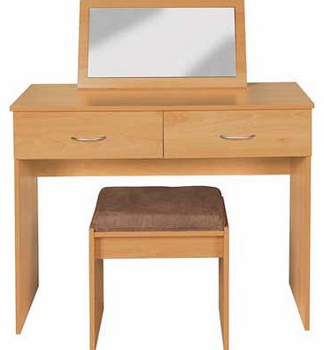 Part of the Cheval collection. this dressing table is finished in a bright beech effect with silver coloured handles and comes complete with mirror and upholstered stool. The set is made from FSC certified wood with metal drawer runners. Part of the 