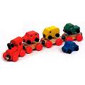 A colourful wooden train with a cargo of cars. The