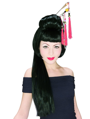 Long black wig with a large bun on the top of the wig. There are two ornate chopsticks included with