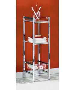 Storage unit with 2 frosted glass shelves and 1 basket.Size (W)22, (D)30, (H)76cm.Packed flat for