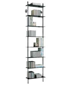 CD, DVD, general media and display shelving.Polished chrome plated and toughened black safety glass.