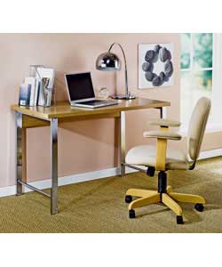 Size (H)73.5, (W)120, (D)60cm.Modern desk with high shine chrome plated frame and wood finish deskto