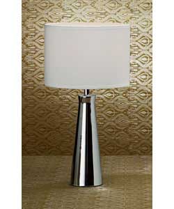 Chrome and silver finish spindle table lamp with a white shade.Height 44.3cm.Shade diameter