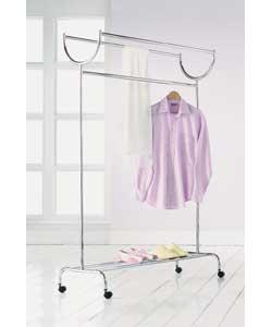 Chrome plated clothes hanger trolley.Packed flat for home assembly.Size: (H)168, (W)115, (D)43cm.